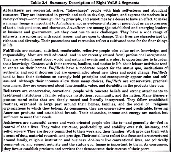 Description of Eight VALS 2 Segments