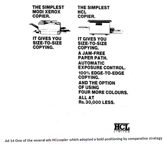 One of the several ads HCL copier which adopted a bold positioning by comparative strategy