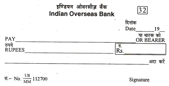 Cheque of Indian Overseas Bank